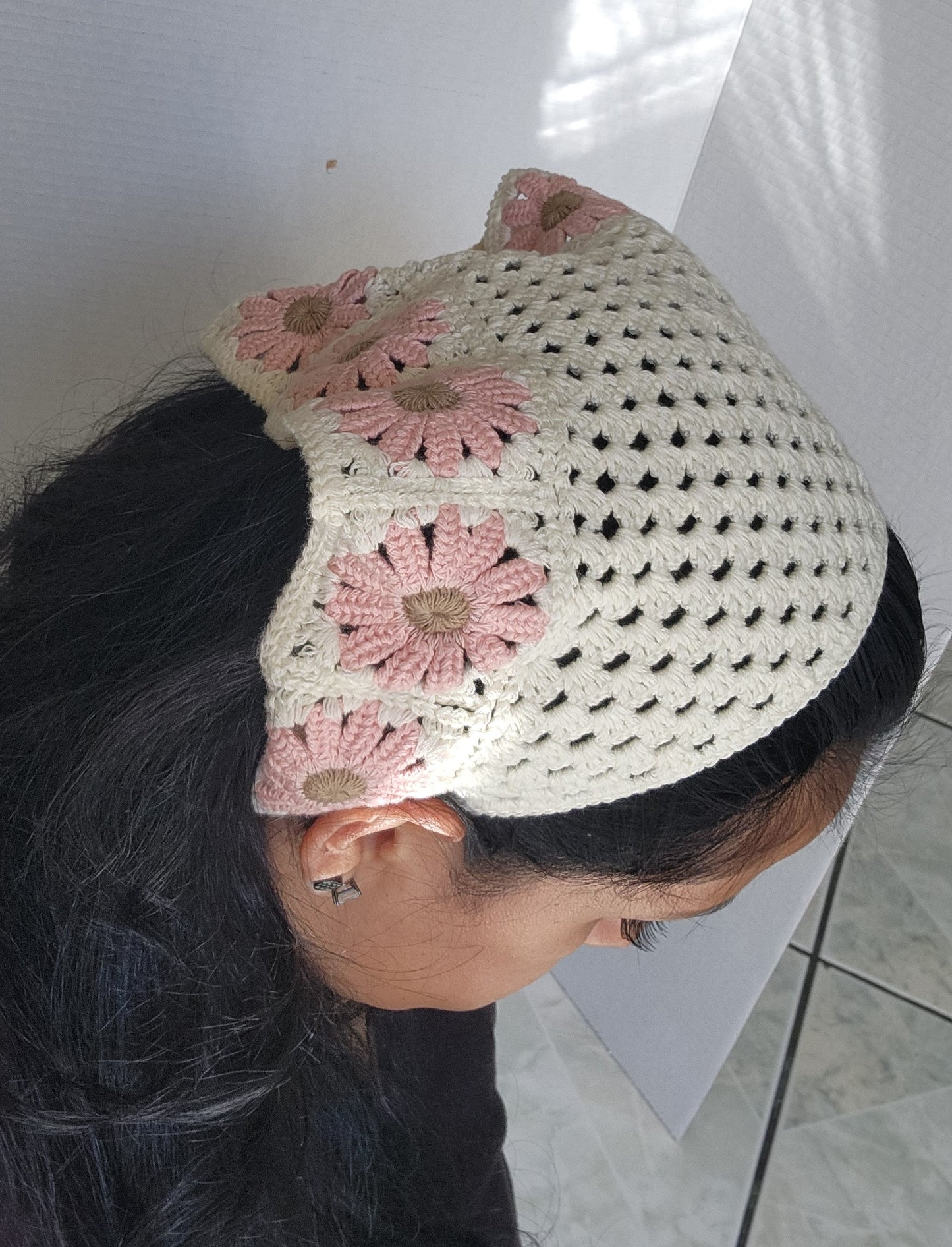 Corcheted Headscraf Pink Flower Bandana