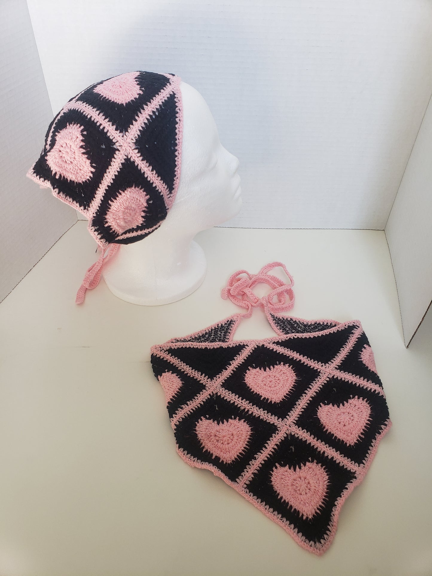 Pink Heart Corcheted Triangle Headscraf
