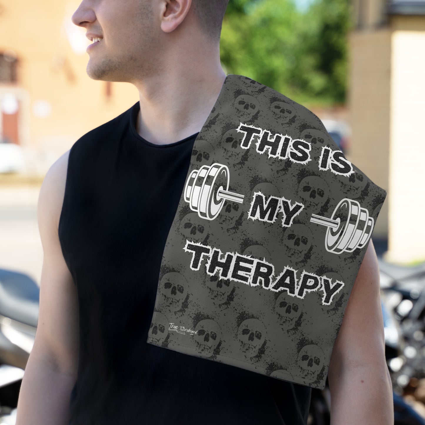 This is my Therapy Workout sweat Towel weight lifting towel gym gear accessory