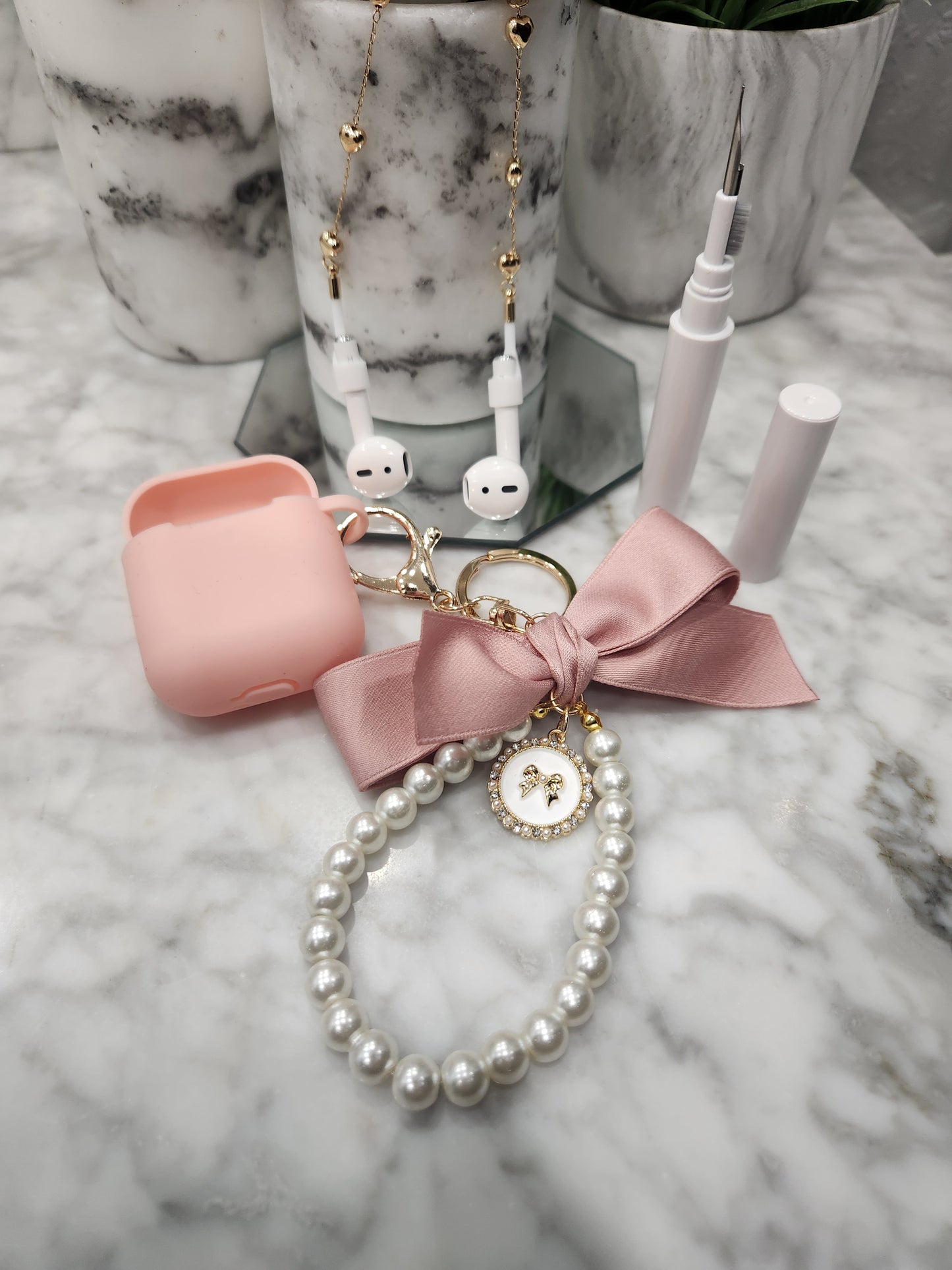 Pink Airpod cover with anti loss earring for airpod earphone elegant bow keychain