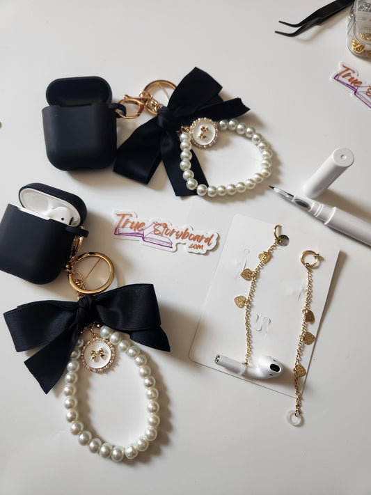 Black Airpod cover with anti loss earring for airpod earphone elegent Black bow keychain