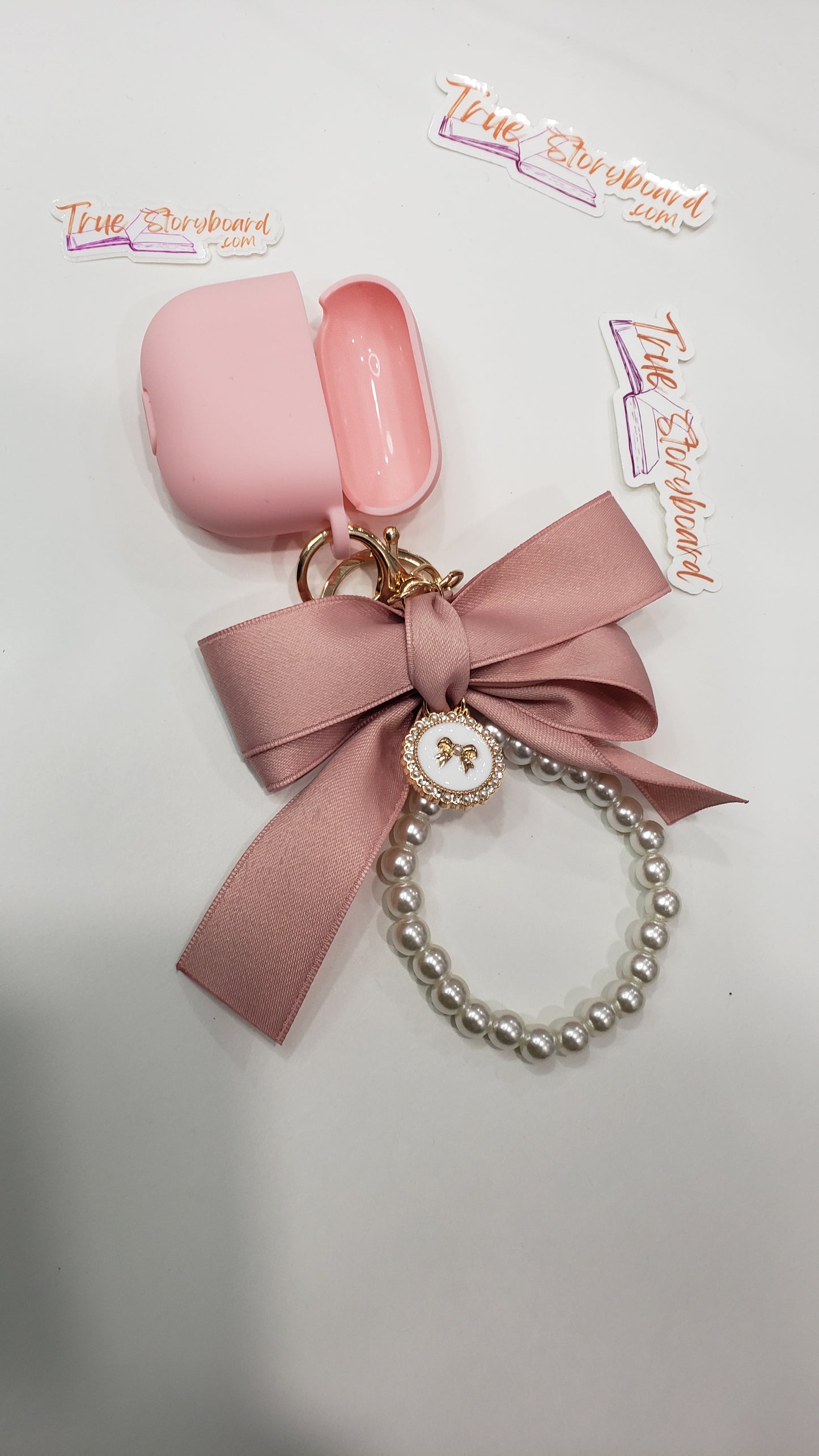 Pink Airpod cover with anti loss earring for airpod earphone elegant bow keychain