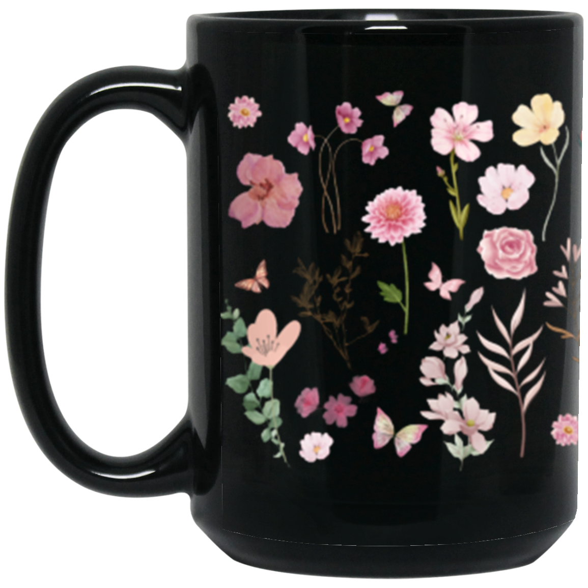 Pink Floral 15oz Black Mug