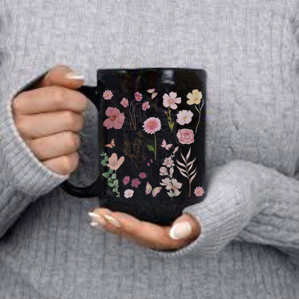 Pink Floral 15oz Black Mug