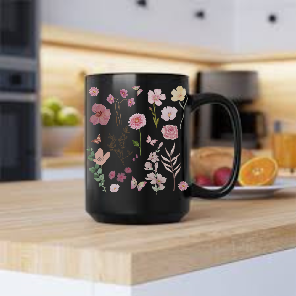 Pink Floral 15oz Black Mug