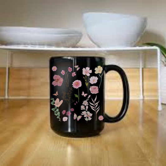 Pink Floral 15oz Black Mug