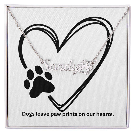 Dog Paw Prints on Heart Name Necklace