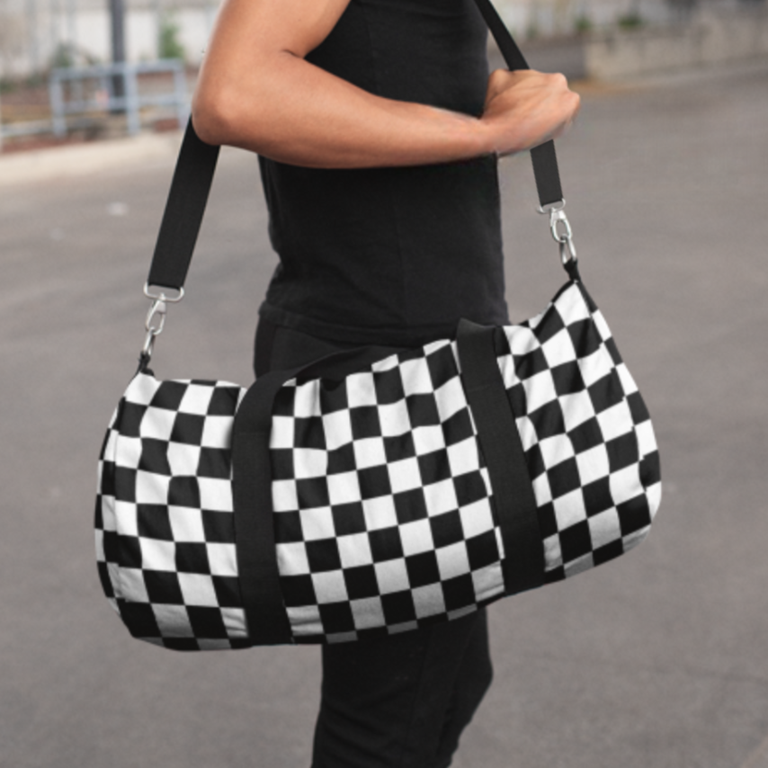 Black checkered Duffel Bag Checkered Gym Bag for Travel and Overnight bags